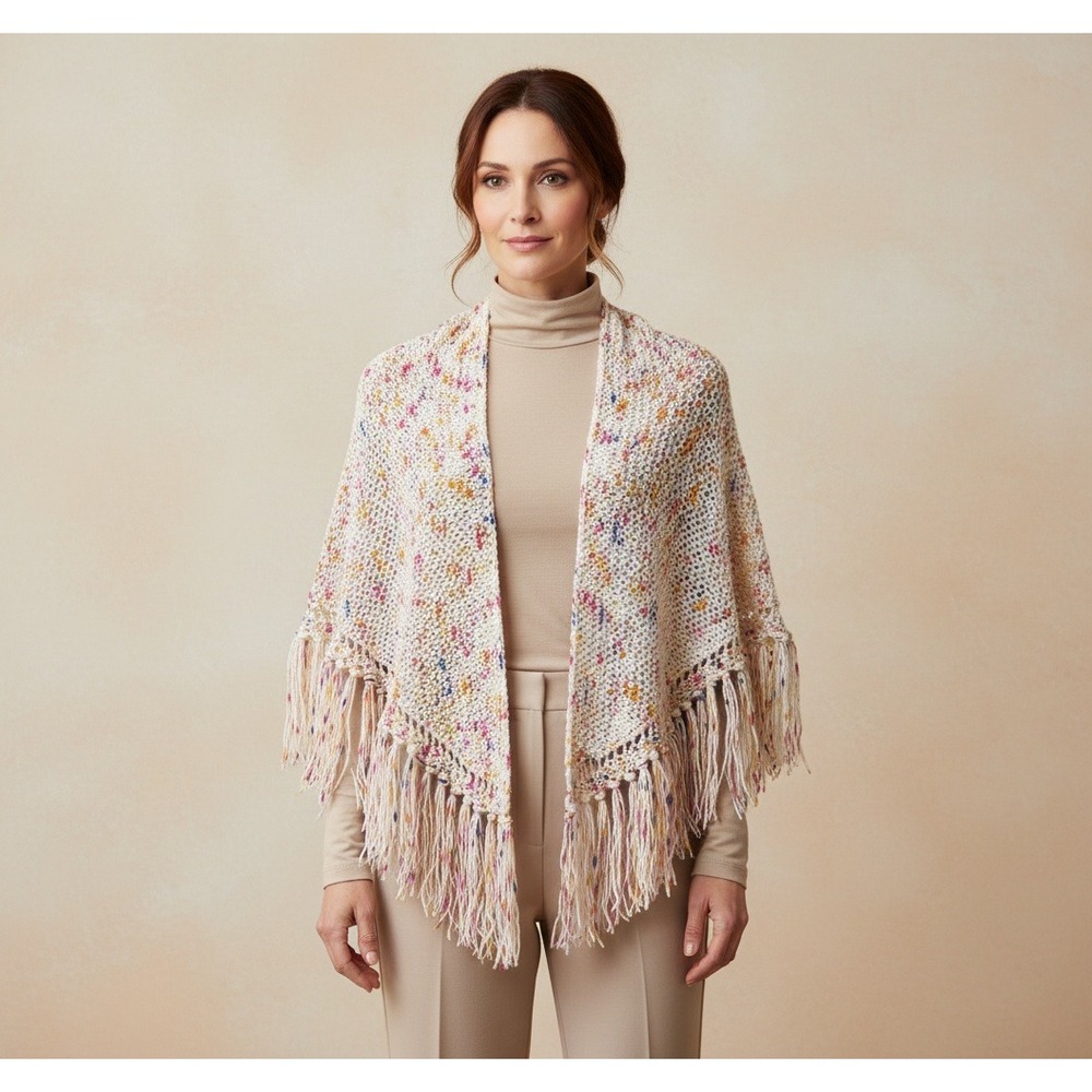 NEW Cream Flecked Womens Hand‎ Knit Shawl Wrap Scarf Boho Hippie Cottage Fairy